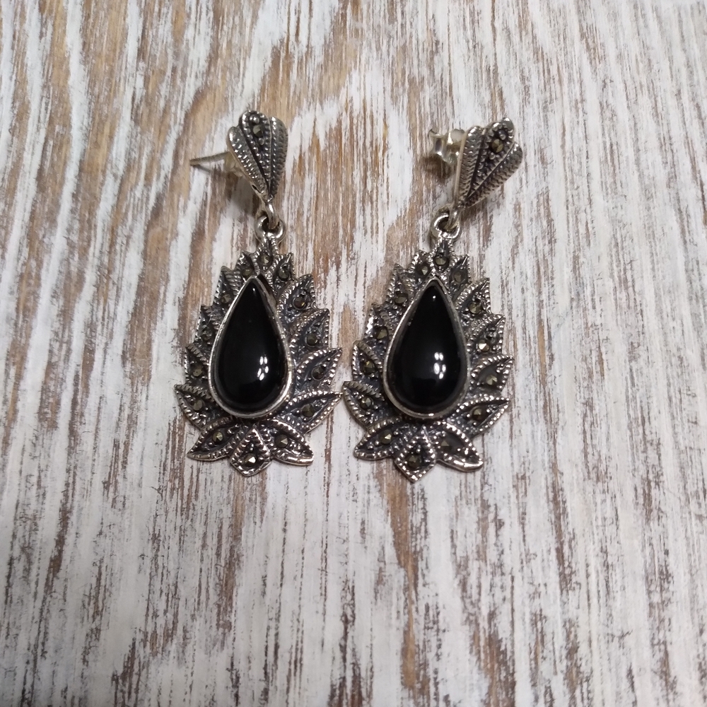 Beautiful Onyx Marcasite Sterling Silver Earrings